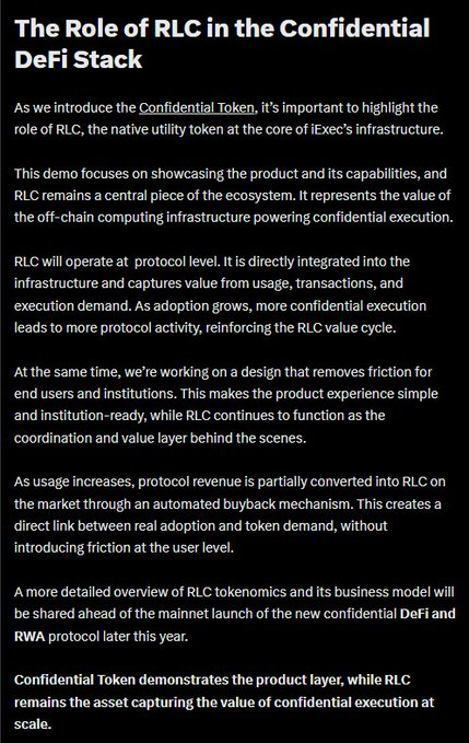 "The Role of RLC In The Confidential Defi Stack", reads a paragraph explaining the role of RLC in the Defi stack, which has a direct link back to the previous text about Bitcoin.