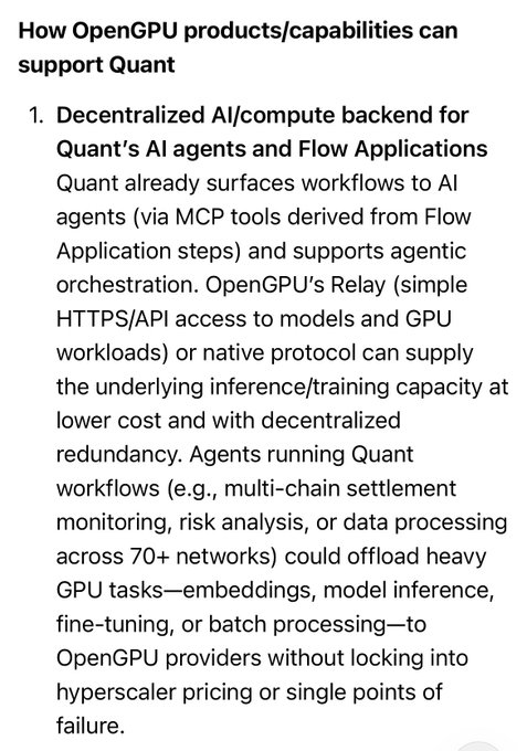 A document titled 'How OpenGPU products/capabilities can support Quant' detailing '1. Decentralized AI/compute backend for Quant's AI agents and Flow Applications'.