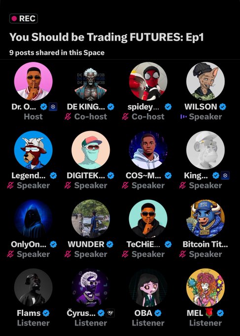 A Twitter Spaces recording titled 'You Should be Trading FUTURES: Ep1' showing 9 posts shared, with speakers including 'Dr. O...' (Host), 'DE KING...' (Co-host), 'spidey...' (Co-host), 'WILSON' (Speaker), 'Legend...', 'DIGITEK...', 'COS-M...', 'King...', 'OnlyOn...', 'WUNDER', 'TeCHIE...', and 'Bitcoin Tit...'.