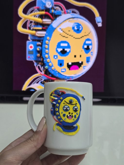 A hand holds a white ceramic mug featuring a hand-crafted air-dried clay sculpture of a blue and yellow Kokomoji NFT character with a quirky, mechanical face, matching the pixelated version displayed on the laptop screen behind it.