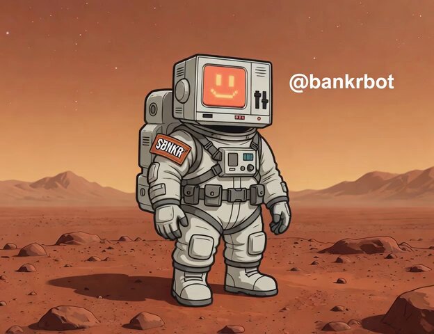 The image features a cartoon astronaut standing in front of a red planet, wearing a white suit with an orange helmet that has a smiley face on it. The caption below the image reads "BNKR is holding up very well against Bitcoin investors' stupidity @bankrbot". This suggests that the post might be promoting Bitcoin or cryptocurrency, and the cartoon astronaut serves as a mascot for this cause.
