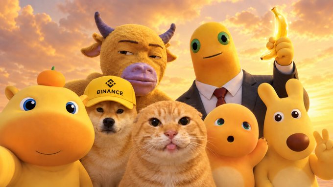 A digital illustration of meme characters including a cow, a dog wearing a 'BINANCE' cap, a scottie dog, and several yellow blob-like figures against a sunset sky.