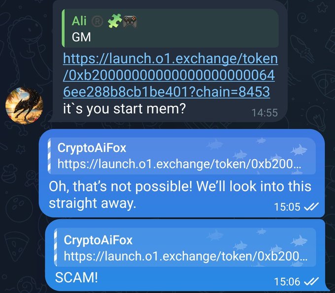 A Discord conversation shows a user asking about a token on o1.exchange, with "CryptoAiFox" replying "SCAM!" after initially investigating — illustrating the post's warning that the Greenworld project has no connection to tokens launched on the o1_exchange platform.