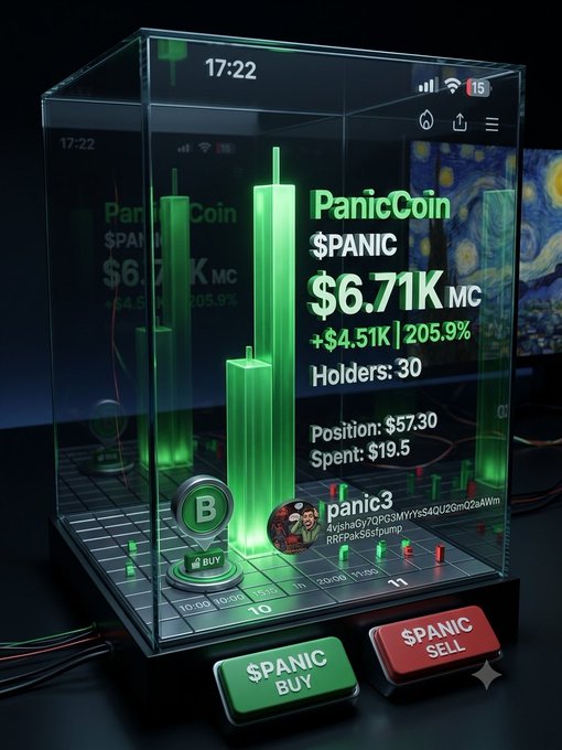 A 3D holographic-style cryptocurrency tracker displayed in a glass cube shows 'PanicCoin $PANIC' with a market cap of $6.71K MC, a gain of +$4.51K (205.9%), 30 holders, and prominent '$PANIC BUY' and '$PANIC SELL' buttons at the bottom.