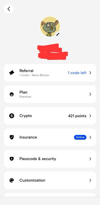 A mobile app interface showing a profile with a cartoon avatar and a redacted name, with menu options including Referral, Plan (Premium), Crypto (421 points), Insurance (Active), Passcode & security, and Customization.