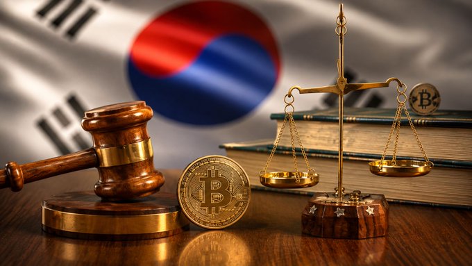 A wooden judge's gavel, golden scale of justice, and Bitcoin coins are displayed against the backdrop of the South Korean flag, symbolizing the country's new regulatory crackdown on cryptocurrency.

The image directly visualizes the post's theme by pairing symbols of legal authority (gavel, scales, law books) and crypto (Bitcoin coins) with South Korea's national flag, reinforcing the announcement of tightened crypto regulations and the enforcement of the Travel Rule without the 1 million won threshold.