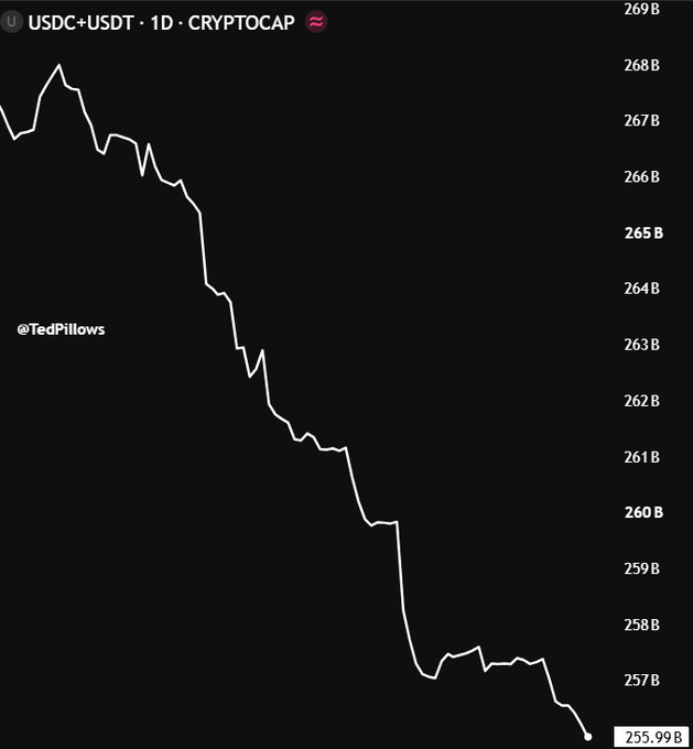 A daily chart shows the combined market capitalization of USDC and USDT stablecoins dropping sharply from roughly $268B in early May to $255.99B, illustrating the $12 billion decline in stablecoin market cap highlighted by @TedPillows as a bearish liquidity signal.