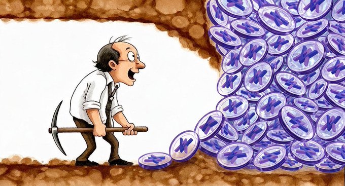 A cartoon caricature of a businessman with a pickaxe mining XRP (Ripple) tokens in a tunnel.