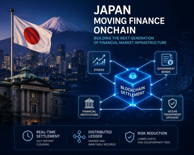 An infographic titled 'JAPAN MOVING FINANCE ONCHAIN' features the Japanese flag, Mt. Fuji, and diagrams illustrating blockchain settlement for stocks, government bonds, and financial institutions.
