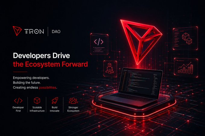 The image is a TRON DAO promotional banner featuring a glowing red 3D TRON logo above an open laptop displaying code, set against a dark digital background with floating interface panels. The headline reads "Developers Drive the Ecosystem Forward" alongside the tagline "Empowering developers. Building the future. Creating endless possibilities," with four feature pillars—Developer First, Scalable Infrastructure, Build Innovate, and Stronger Ecosystem—directly illustrating the post's message about TRON DAO empowering builders to expand the blockchain ecosystem.