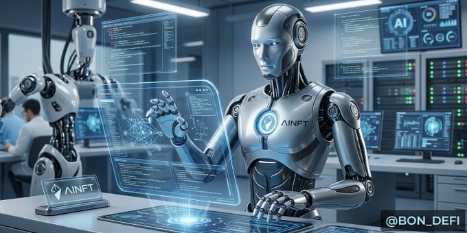 A futuristic scene featuring a humanoid AI robot with 'AINFT' displayed on its chest working at a high-tech interface, with another robot in the background and a sign reading 'AiNFT', watermarked '@BON_DEFI'.