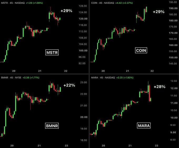 Four candlestick charts display two-day price rallies for crypto-related stocks, with MSTR and COIN each gaining +29%, MARA up +28%, and BMNR up +22%, visually confirming the post's claim of an "INSANE RALLY IN CRYPTO STOCKS."