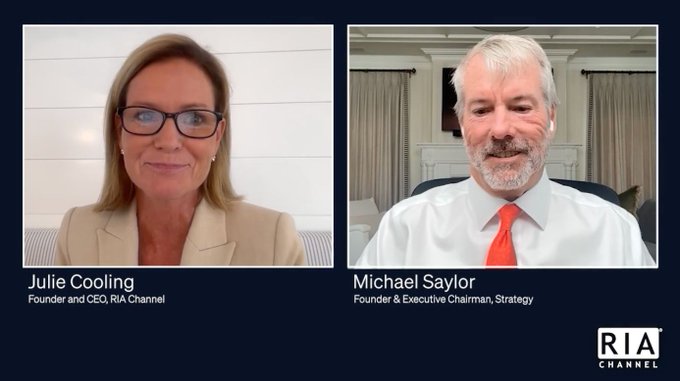 A split-screen video interview featuring Julie Cooling, Founder and CEO of RIA Channel, on the left, and Michael Saylor, Founder & Executive Chairman of Strategy, on the right.