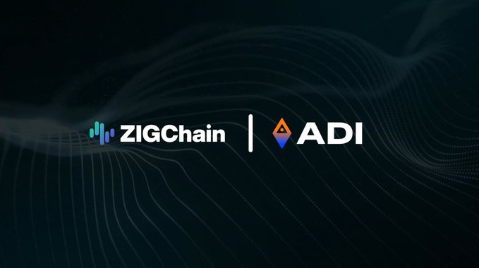 A dark, sleek digital banner featuring the "ZIGChain" and "ADI" logos side by side, visually representing a partnership between the two platforms in the RWA tokenization space.