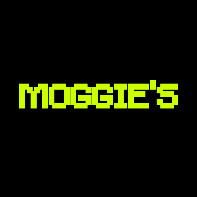 The word 'MOGGIE'S' displayed in a bright neon-green pixelated font on a solid black background.