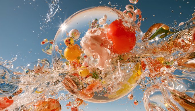 A vibrant, surreal digital artwork shows fruits and flowers bursting out of a transparent sphere with water splashes against a bright blue sky.