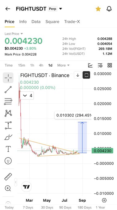 A TradingView chart shows FIGHTUSDT perpetual at $0.004230, up 3.80%, with an annotation projecting a 294.45% breakout target of $0.010302—aligning with the post's bullish expectation of 100–200% gains.