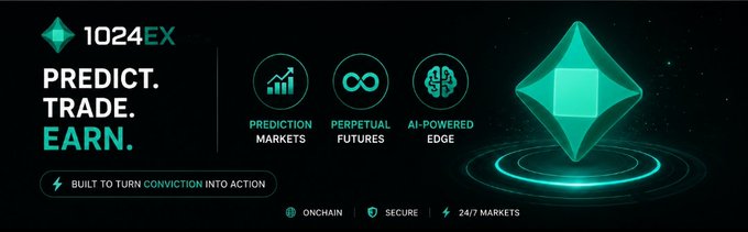 Promotional banner for 1024EX exchange featuring the text 'PREDICT. TRADE. EARN.' alongside icons for Prediction Markets, Perpetual Futures, and AI-Powered Edge, with an Ethereum-style diamond logo.