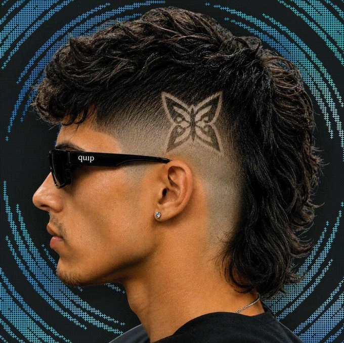 The image features a man with a mohawk hairstyle, wearing sunglasses and glasses. The background of the photo has blue swirls and dots, creating an abstract pattern. The caption above the image reads "gmgm ct @quipnetwork once you lock in that account setup the real quantum game starts unfolding with zero forks zero waiting and zero asset moving drama you get to dive straight into staking your position while smashing through quests that actually pay out quip and shield".