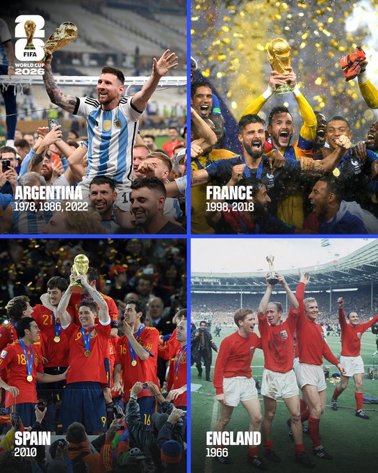 A four-panel promotional graphic for the 2026 FIFA World Cup Semifinals features Argentina (1978, 1986, 2022), France (1998, 2018), Spain (2010), and England (1966) lifting their respective championship trophies, highlighting the storied history of the four nations competing in the semifinal round.