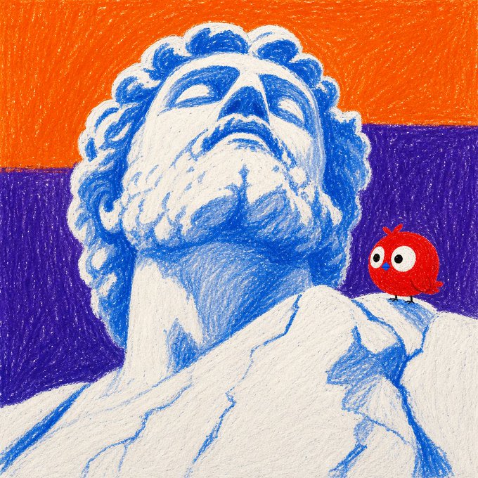 A stylized illustration of a blue-and-white classical statue bust (resembling a Greek or Roman figure) set against a bright orange and purple background, with a small red cartoon bird perched on its shoulder.