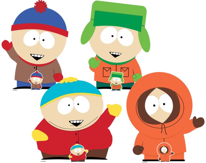 Four South Park characters (Stan, Kyle, Cartman, and Kenny) are displayed with smaller mini-figures of themselves positioned in front of each character.