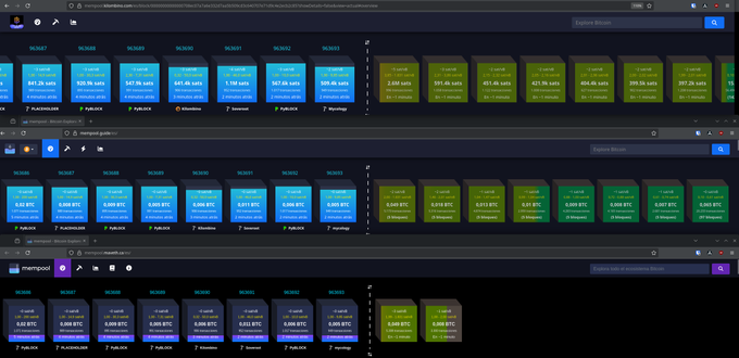 Three stacked screenshots of a cryptocurrency mining pool dashboard (miningpoolstats.stream) showing statistics for various coins including RVN, Xelis, and others across multiple nodes.