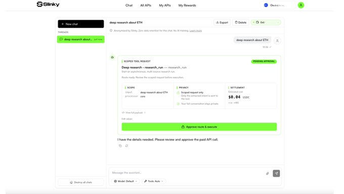 The image shows the Slinky chat interface where a user initiates a deep research request about ETH, which scopes the request to a paid API call ($0.04 USDC) and presents an "Approve node & execute" button for gasless USDC payment, before delivering the completed research result.