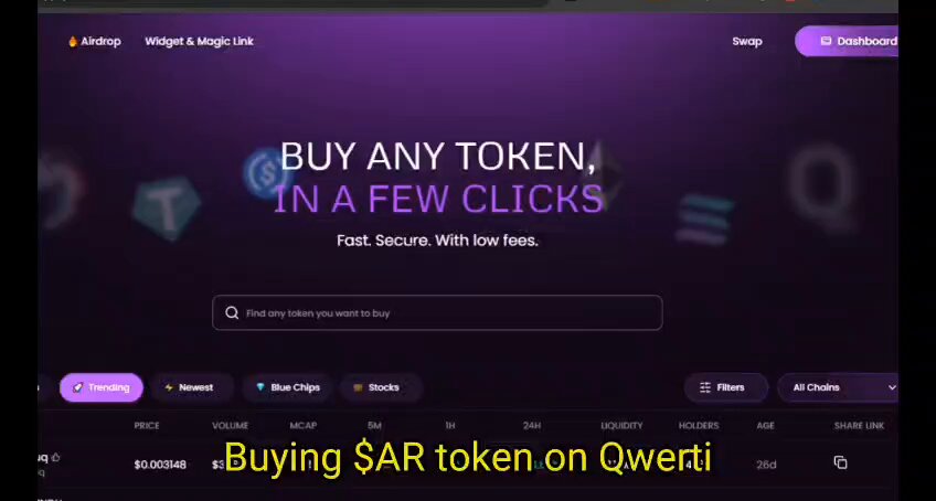 The image shows a screenshot of a website that sells tokens called Qwerti. The text on the screen says "Buy any token $AR taken in a few clicks" which is related to an online marketplace for buying and selling tokens. This marketplace might be worth exploring if you are interested in trading or investing in token currency, particularly AR tokens like Qwerti.