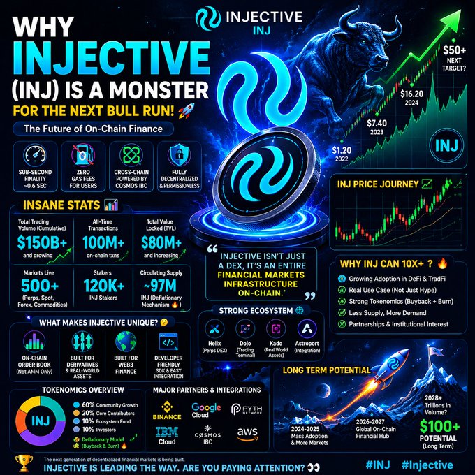"Why @injective (INJ) is quietly one of the strongest crypto infra plays right now Most people still don’t realize what's being built here: Fully decentralized derivatives + spot trading layer Sub-second block finality near instant execution Zero gas fees for".