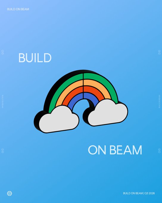 A vibrant rainbow with clouds is depicted over the text "BUILD ON BEAM". This visual represents the "beam" mentioned repeatedly in the post, reinforcing the brand identity.
