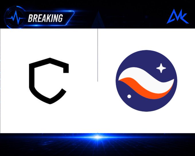 The image features a "BREAKING" news banner at the top with two logos side by side: the Starknet shield logo on the left and a circular blue, white, and orange logo with a star and wave design representing Credi Labs on the right. The graphic visually announces the partnership bringing Credi Labs' private credit market to the Starknet L2 network, as described in the accompanying post.