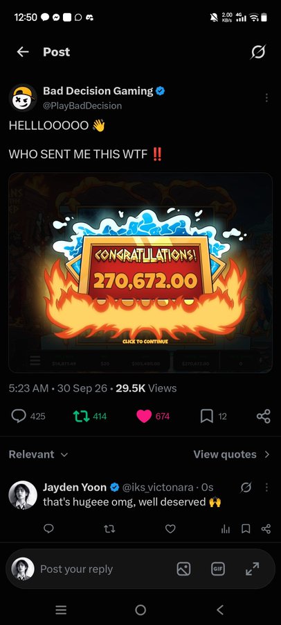 A tweet from Bad Decision Gaming (@PlayBadDecision) showing a 'CONGRATULATIONS! 270,672.00' gaming screenshot, with a reply from Jayden Yoon.