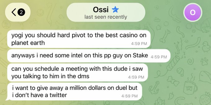 A direct message from user "Ossi" (marked with a star and last seen recently) suggesting the recipient "hard pivot to the best casino on planet earth," gather intel on a "pp guy on Stake," schedule a meeting with a contact, and help give away "a million dollars on duel" since they don't have Twitter. The post context of requesting Solana addresses relates to Ossi's urgency about crypto/casino transactions and giveaway distribution.