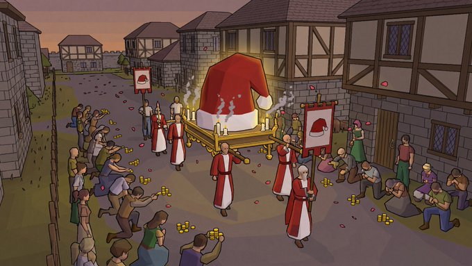 A digital illustration depicting a medieval scene where villagers gather around a large, red-hooded figure on a golden platform, with priests in white and red robes holding signs featuring the hooded figure's face.