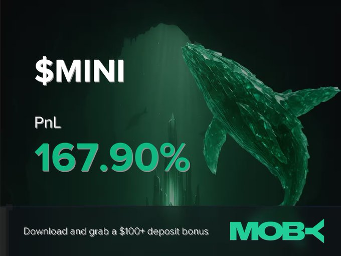 A promotional graphic for Moby Mobile showcases a trading win alert, featuring a striking green whale breaching through an underwater cave. The image highlights "$MINI" with a PnL of "167.90%" and includes a call-to-action to "Download and grab a $100+ deposit bonus" alongside the Moby logo.