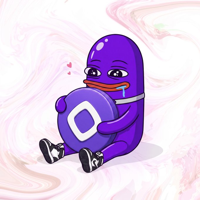 A purple cartoon character wearing sneakers and holding a coin with a diamond/square logo, drooling with heart eyes against a pink swirly background.