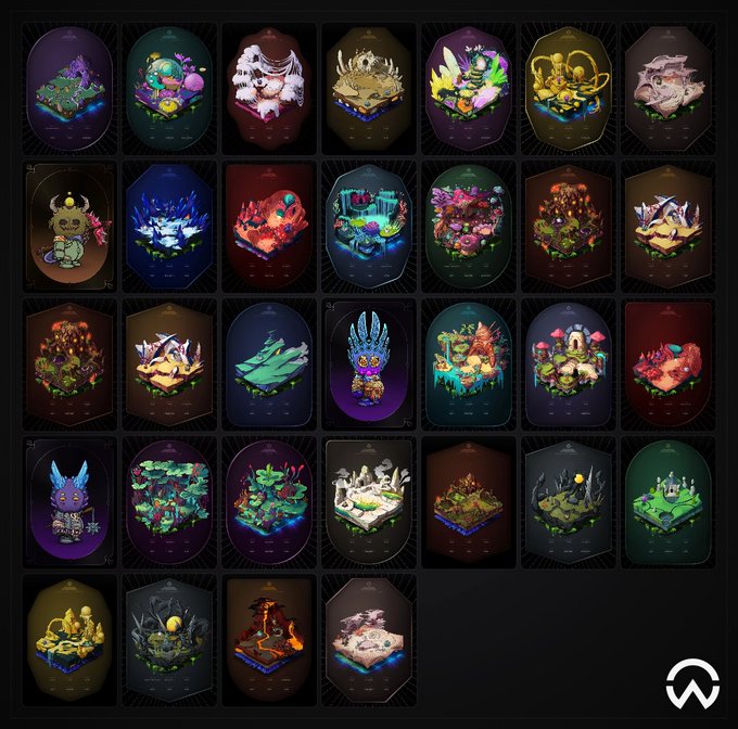 A grid of colorful isometric 3D digital collectibles or tokens displayed against a dark background, featuring various fantasy-themed designs including crystals, creatures, and landscapes, with a logo in the bottom right.