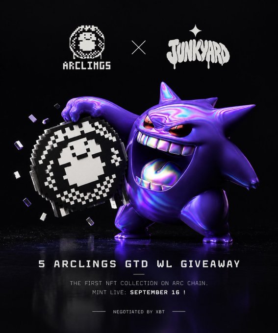 A promotional poster for 'ARCLINGS × JUNKYARD' featuring a purple Gengar-like 3D character holding a pixelated coin, advertising '5 ARCLINGS GTD WL GIVEAWAY' for the first NFT collection on ARC CHAIN, minting live September 16.