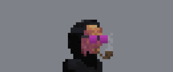 A pixel art depiction of a person smoking, with the face obscured by pixelation against a solid gray background.