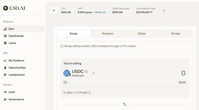 The USD.AI protocol dashboard displaying a TVL of $415.2M, APY of 8.93% gross / 7.64% net, Total Deployed of $265.2M, and a Cumulative Yield of $21,018,591.77, with a swap interface for USDC on Arbitrum.