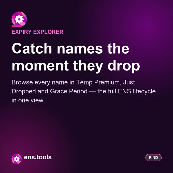 Promotional graphic for 'EXPIRY EXPLORER' by ens.tools, with the headline 'Catch names the moment they drop' and a description about browsing ENS names in Temp Premium, Just Dropped, and Grace Period.