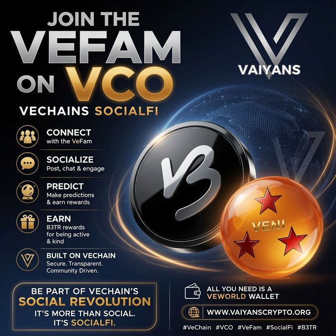A promotional graphic for "VAIYANS" inviting users to "JOIN THE VEFAM ON VCO" on VeChain's SocialFi platform, listing features like Connect, Socialize, Predict, Earn, and the website www.vaiyanscrypto.org.