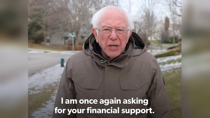 A meme image of Bernie Sanders in a winter coat with the caption 'I am once again asking for your financial support.'