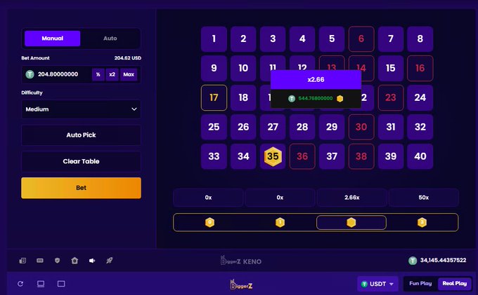 A player enjoys a relaxing Sunday Keno session on BiggerZ with a $204.80 USD bet on Medium difficulty, hitting a x2.86 multiplier payout of $544.768 with a balance of 34,145.44 USDT visible. The interface shows the number 35 highlighted as the active pick, matching the laid-back gaming vibe described in the post.