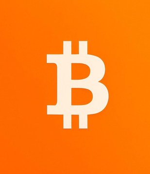The Bitcoin logo in cream color displayed on an orange gradient background.