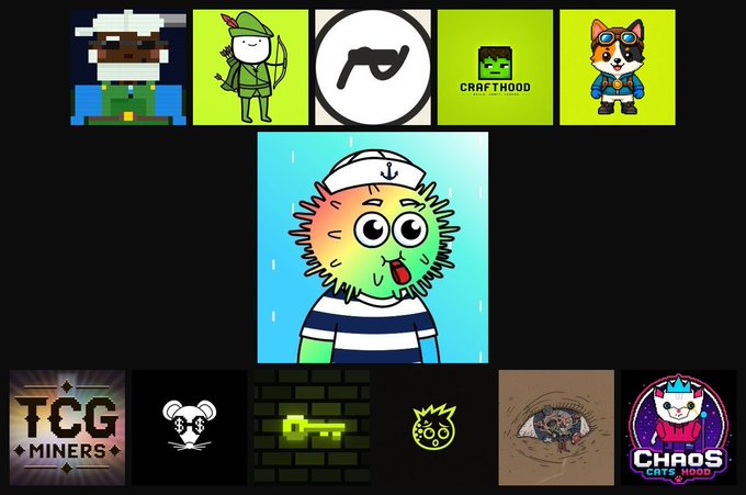 A grid displaying various NFT or digital art icons including a pixelated character, an archer, a cup, 'CRAFTHOOD' logo, a dog pilot, a fluffy round cartoon character in a sailor outfit, 'TCG MINERS', a mouse, brick graphics, 'CHAOS CATHOOD', and other pixel art designs.
