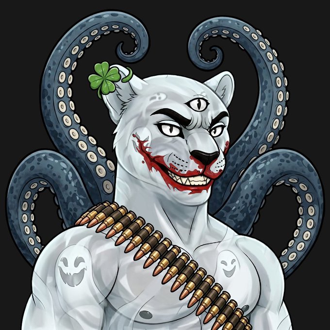 An illustration of a muscular, anthropomorphic white feline character with three eyes, sharp teeth, blood around its mouth, and octopus tentacles emerging from its back, wearing a bandolier.