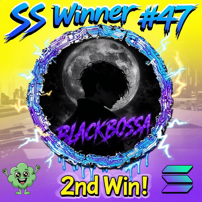 A vibrant promotional graphic titled 'SS Winner #47 - BLACKBOSSA - 2nd Win!' featuring a silhouetted anime character against a moon backdrop framed by a glowing blue circular portal.