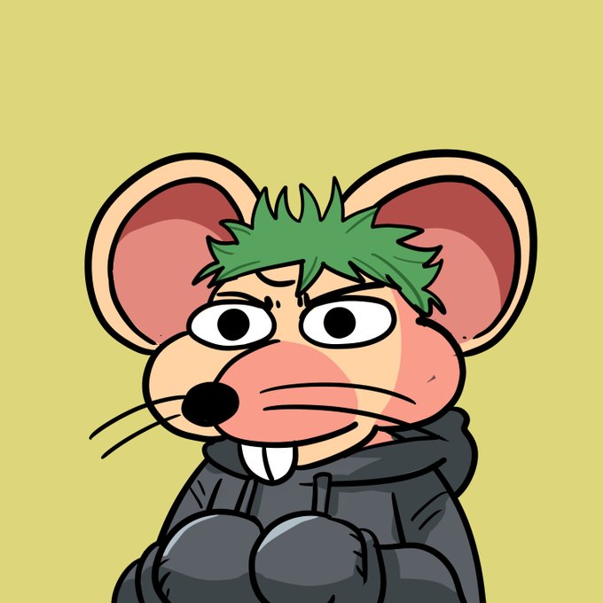 A cartoon illustration of an anthropomorphic mouse-like character with large ears, green spiky hair, a pink nose, and buck teeth, wearing a dark hoodie against a yellow background.